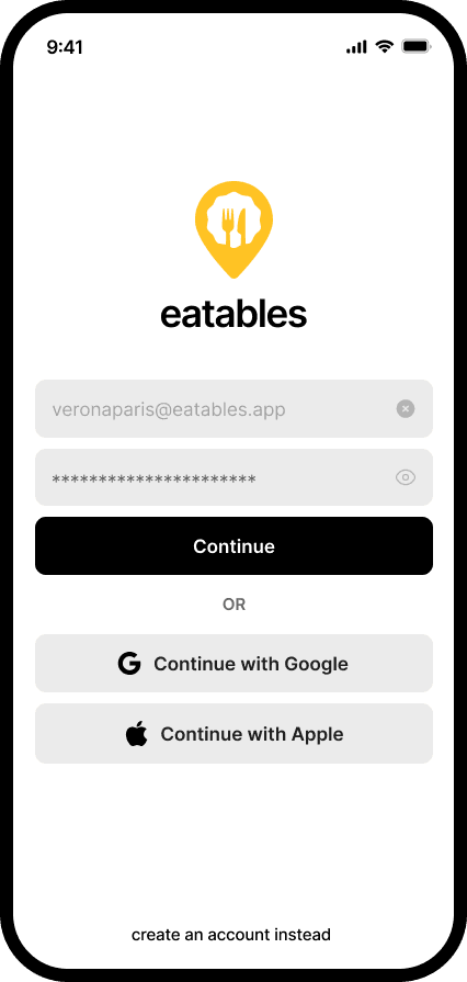 Eatables: Food Discovery & Review App mockup screenshot.