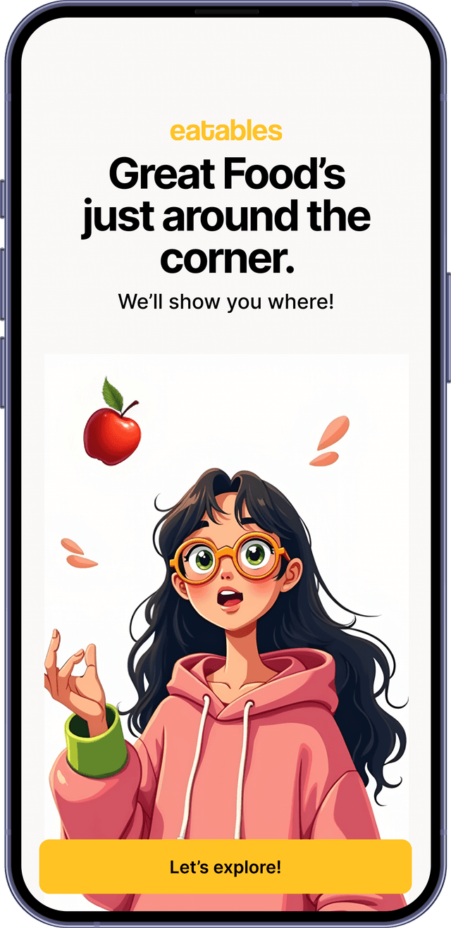 Eatables: Food Discovery & Review App mockup screenshot.